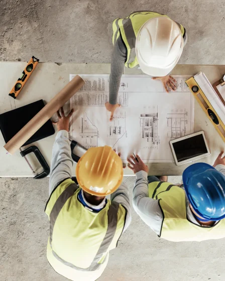 builders and contractors in hard hats who require contract works insurance gathered around plans