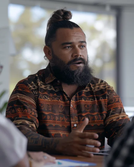 man wearing patterned shirt on the indigenous insurance page