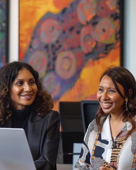 two women with aboriginal artwork in the background discussing first nations insurance