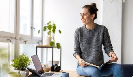 young female freelancer researching insurance options