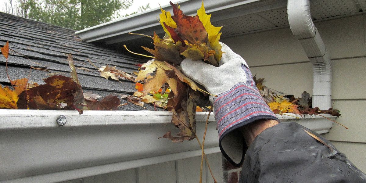 clearing gutters of leaves to prepare a property for winter