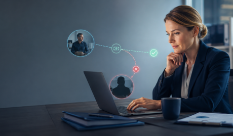 Business owner reviewing an online payment while a social engineering scam redirects the transaction