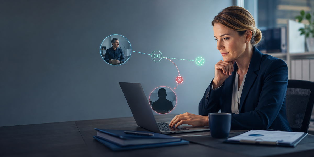 Business owner reviewing an online payment while a social engineering scam redirects the transaction